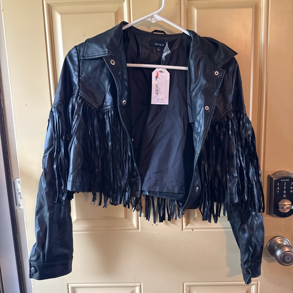Jou Jou Women's Black Leather Fringe Jacket
